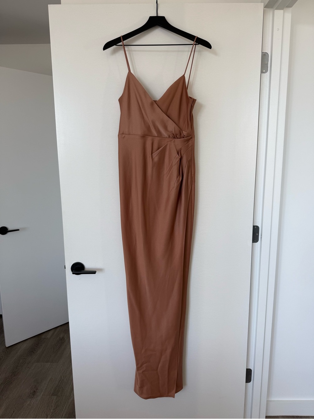 BHLDN Tan Sleeveless Wrap-Front Maxi Dress in Terracotta with high slit